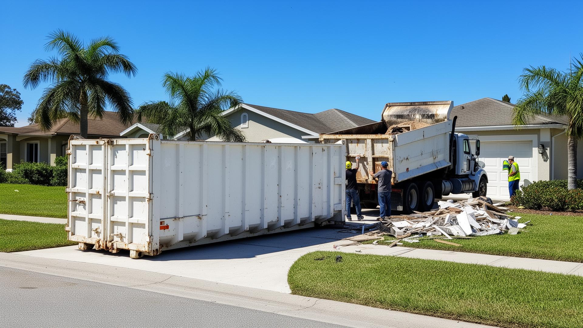 Excavator and dump truck clearing a job site